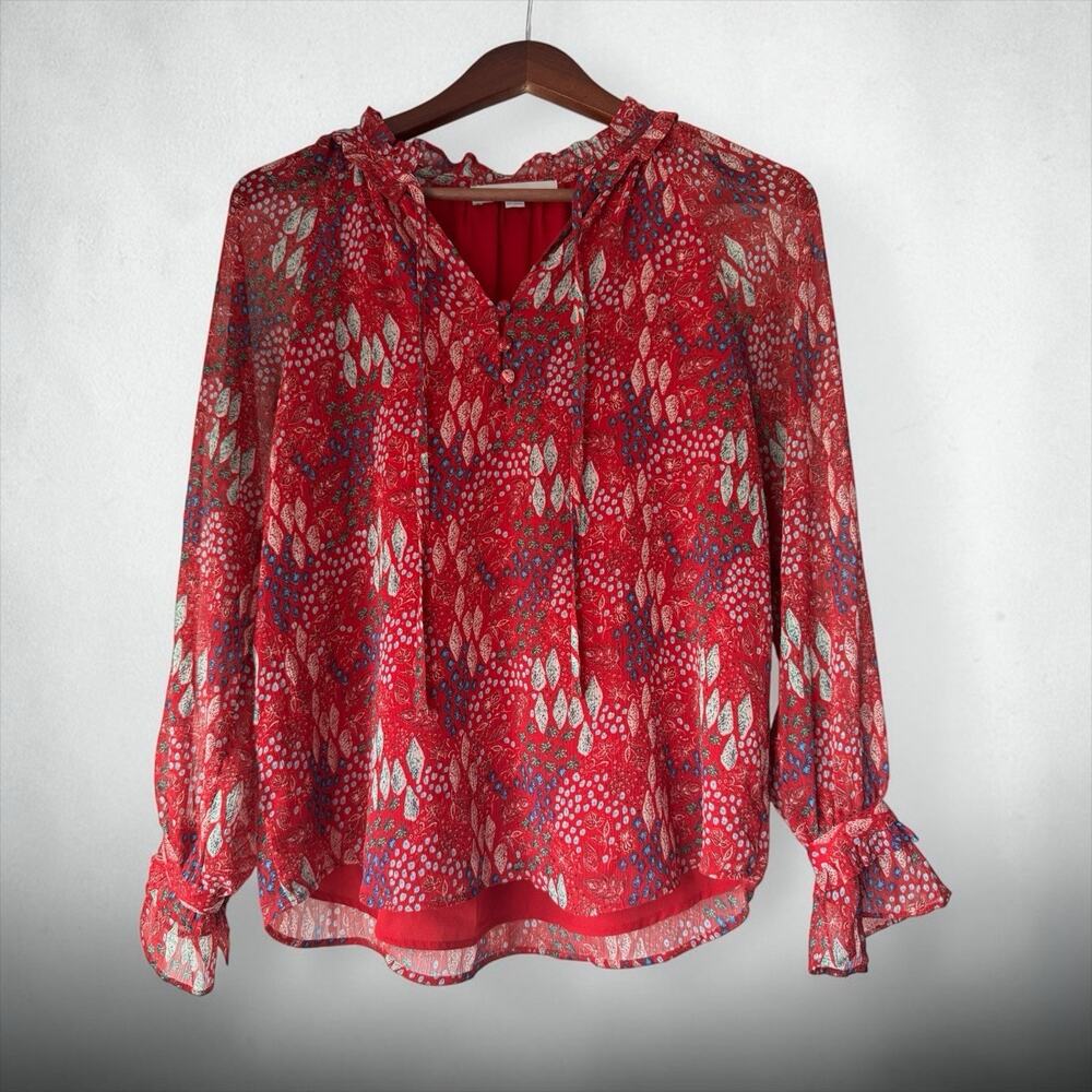 Loft Women's Size XXS Red Floral Sheer Ruffle Tie Neck Long Sleeve Boho Top